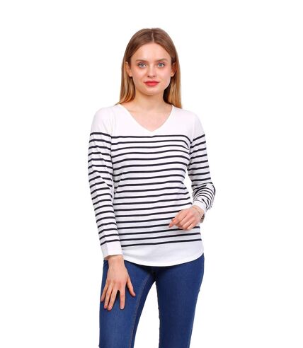 Pull femme de style marin - Pull col en V - Manches longues - Rayé Bleu