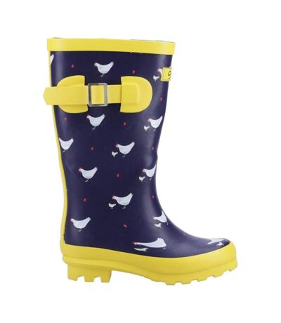 Womens/ladies farmyard chicken mid calf wellington boots navy/yellow Cotswold