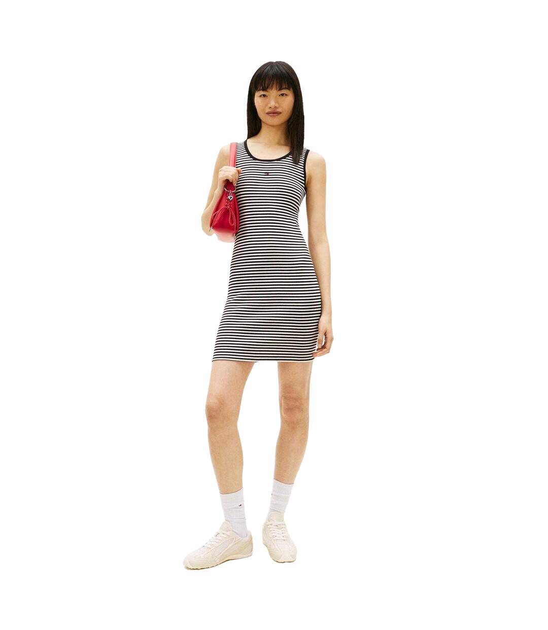 Womens/ladies Essential Ribbed Slim Tank Dress Black Ecru Tommy Jeans-1