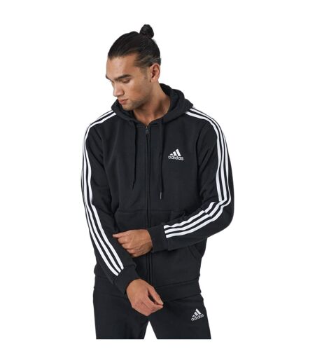 Mens Essentials 3 Stripes Fleece Full Zip Hoodie Black Adidas