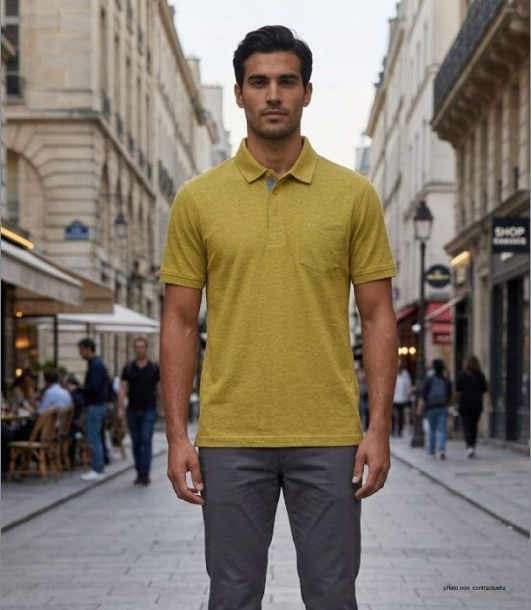 CHALLENGER RUSTICO3 : Polo manches courtes jaune chiné en maille piquée 100% coton avec finitions chambray-5