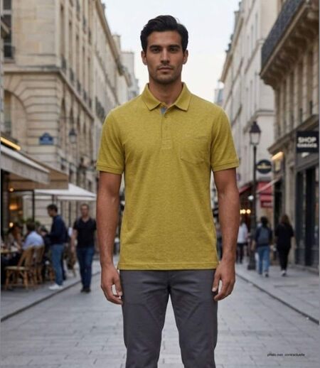 CHALLENGER RUSTICO3 : Polo manches courtes jaune chiné en maille piquée 100% coton avec finitions chambray