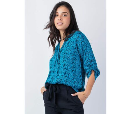 Top style chemisier en viscose léger ASHLEY bleu et noir Coton Du Monde