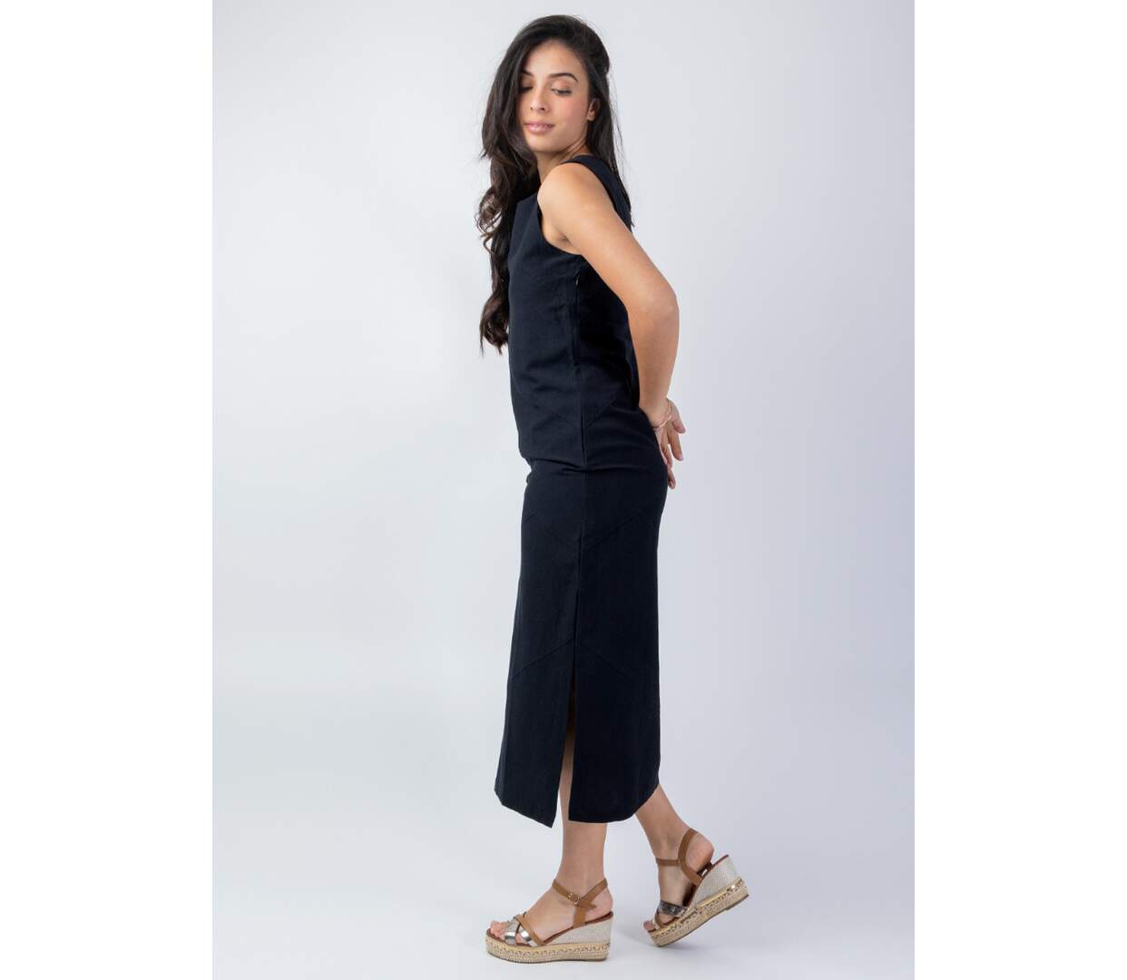 Robe longue coupe droite CHARLINE unie noire Coton Du Monde-3