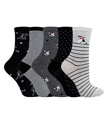 5 Pairs Ladies Dog Patterned Socks - Soft Cotton Rich Fun Dog Design Socks