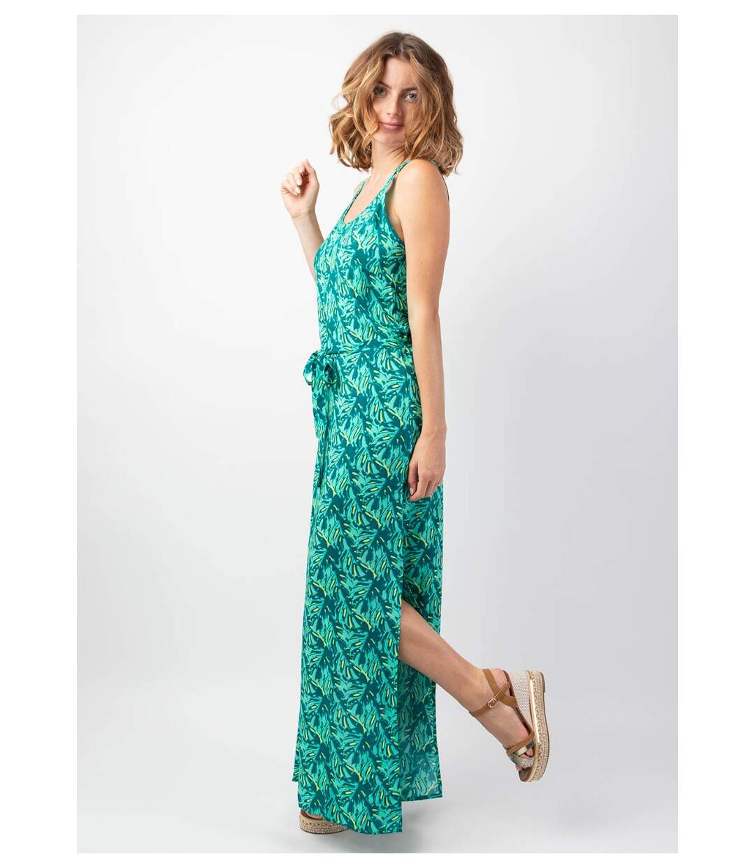 Robe longue fendue LAETITIA imprimé tropical vert Coton Du Monde