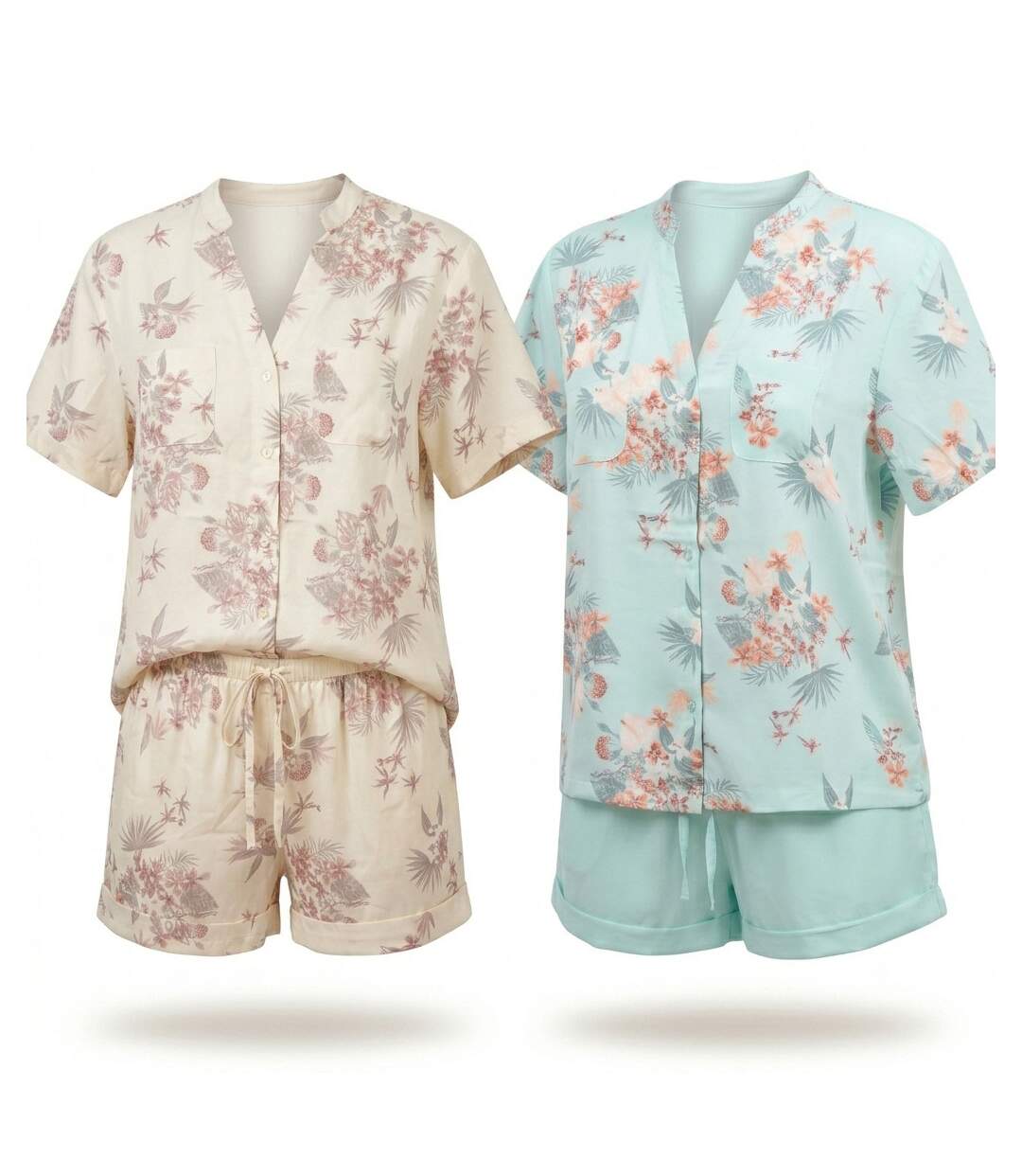 OZABI Pack 2 Pyjamas Courts Femme, Imprimé Tropical Col V Mao Short Fluide-1