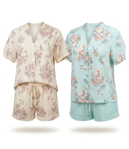 OZABI Pack 2 Pyjamas Courts Femme, Imprimé Tropical Col V Mao Short Fluide