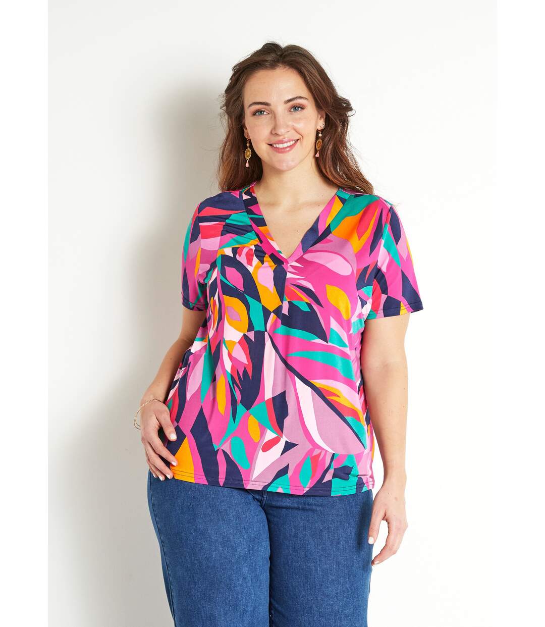 T-shirt ample col V manches courtes imprimé-1