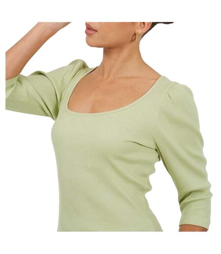 Haut Manches Bouffantes Motif/style Côtelé Femme Vert De Gris Clair Brave Soul