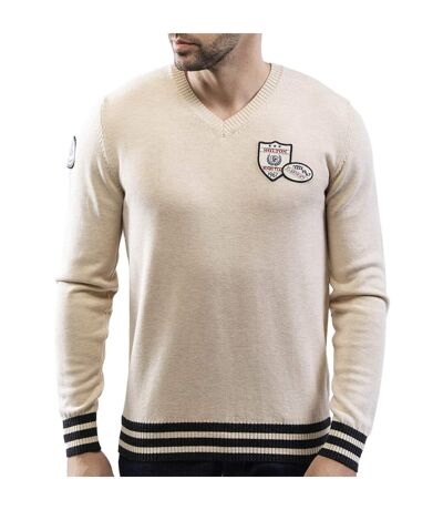 Pull col V patch coton laine