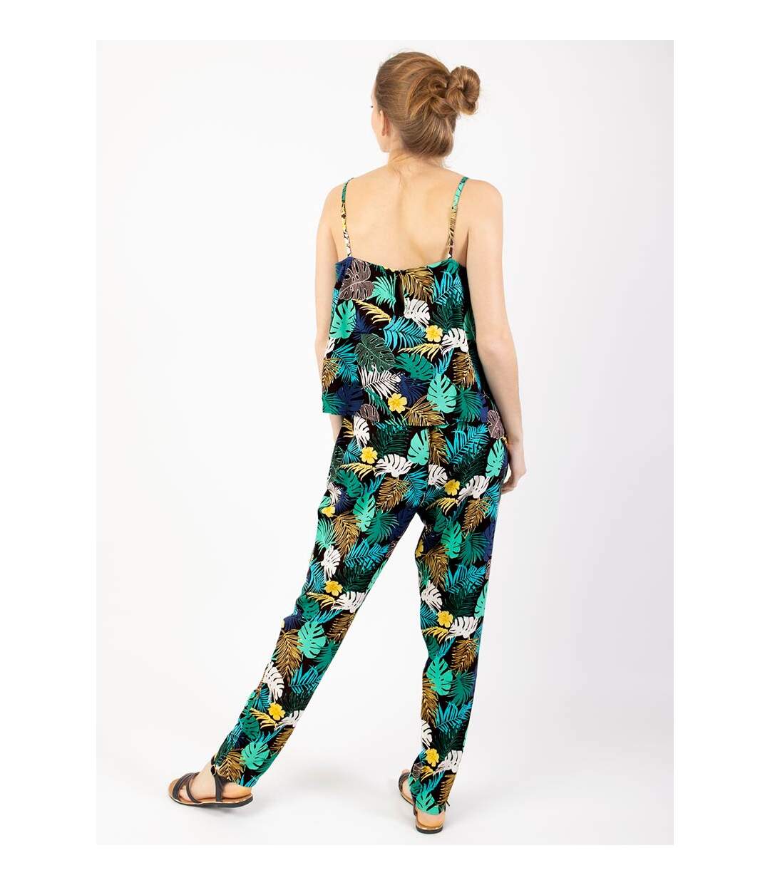 Combi Pantalon fines bretelles LOUCIA imprimé tropical vert Coton Du Monde-4