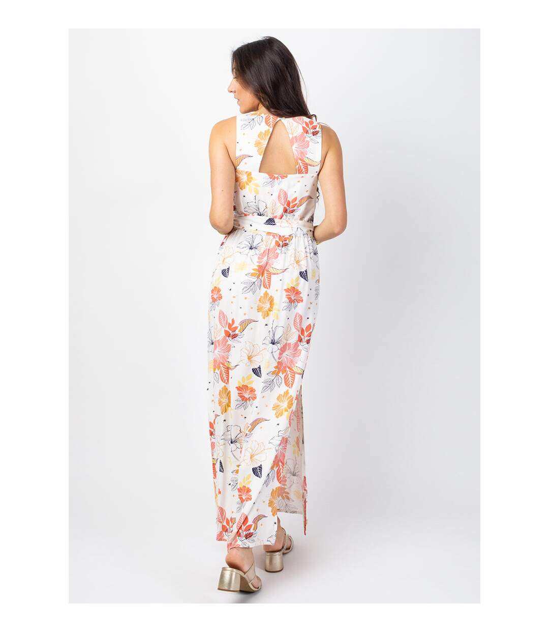 Robe longue fendue chic MELINDA cache-cœur imprimé floral blanc Coton Du Monde