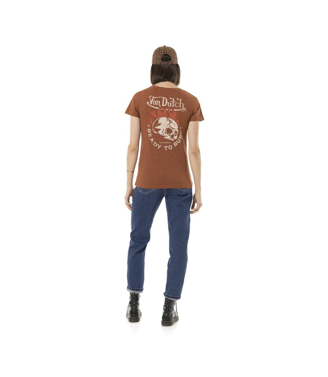 T-shirt femme uni col V avec print devant et dos Burn Vondutch-4