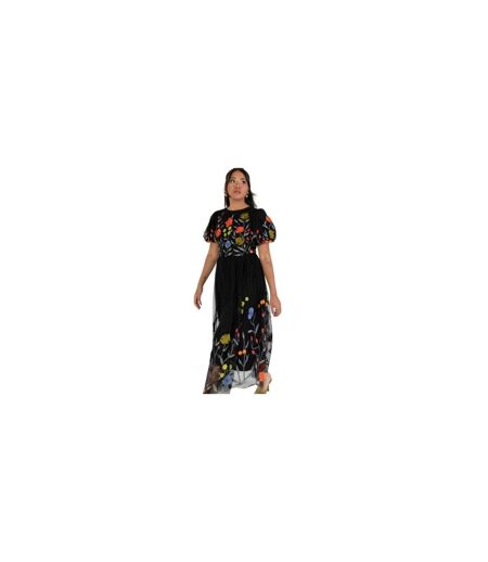 Robe Mi-longue Manches Bouffantes Motif/style Floral Femme Noir Maya Deluxe
