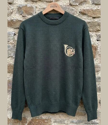 Pull Ras du Cou Homme Ledertys Kaki avec Broderie Sanglier