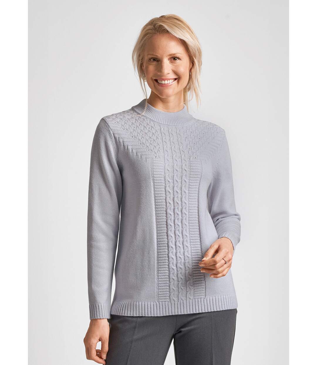 Pull doux torsades côtes strass col montant-1