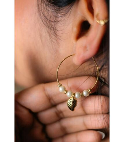 Gold Plated 30mm White Beaded Dangle Leaf Charm DaintyHoop Earring