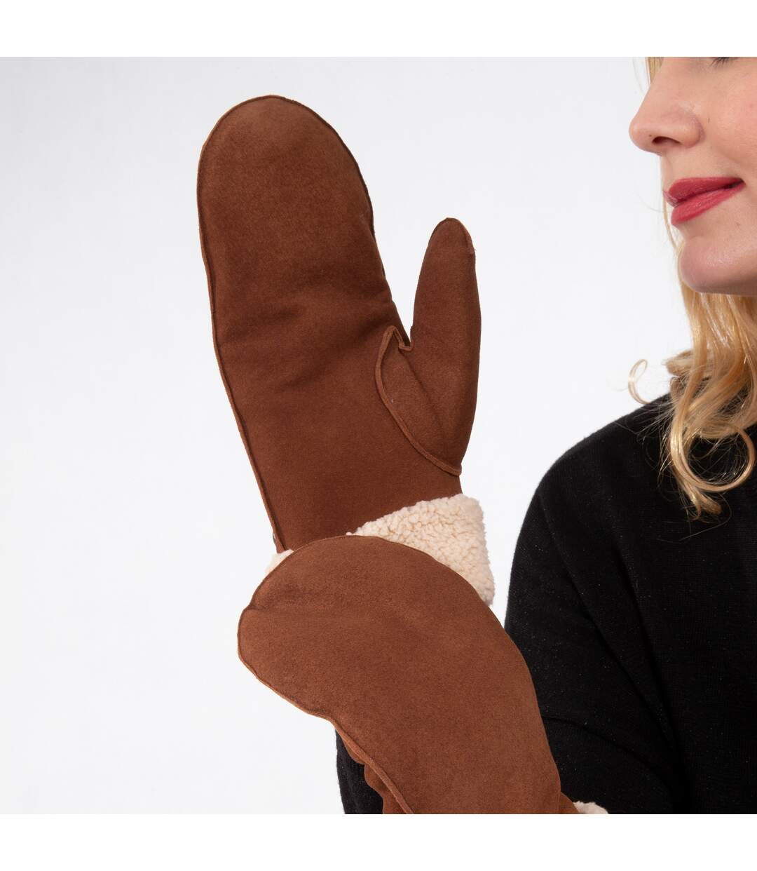 Isotoner Gants femme en cuir de chèvre velours, doublés imitation fourrure-2