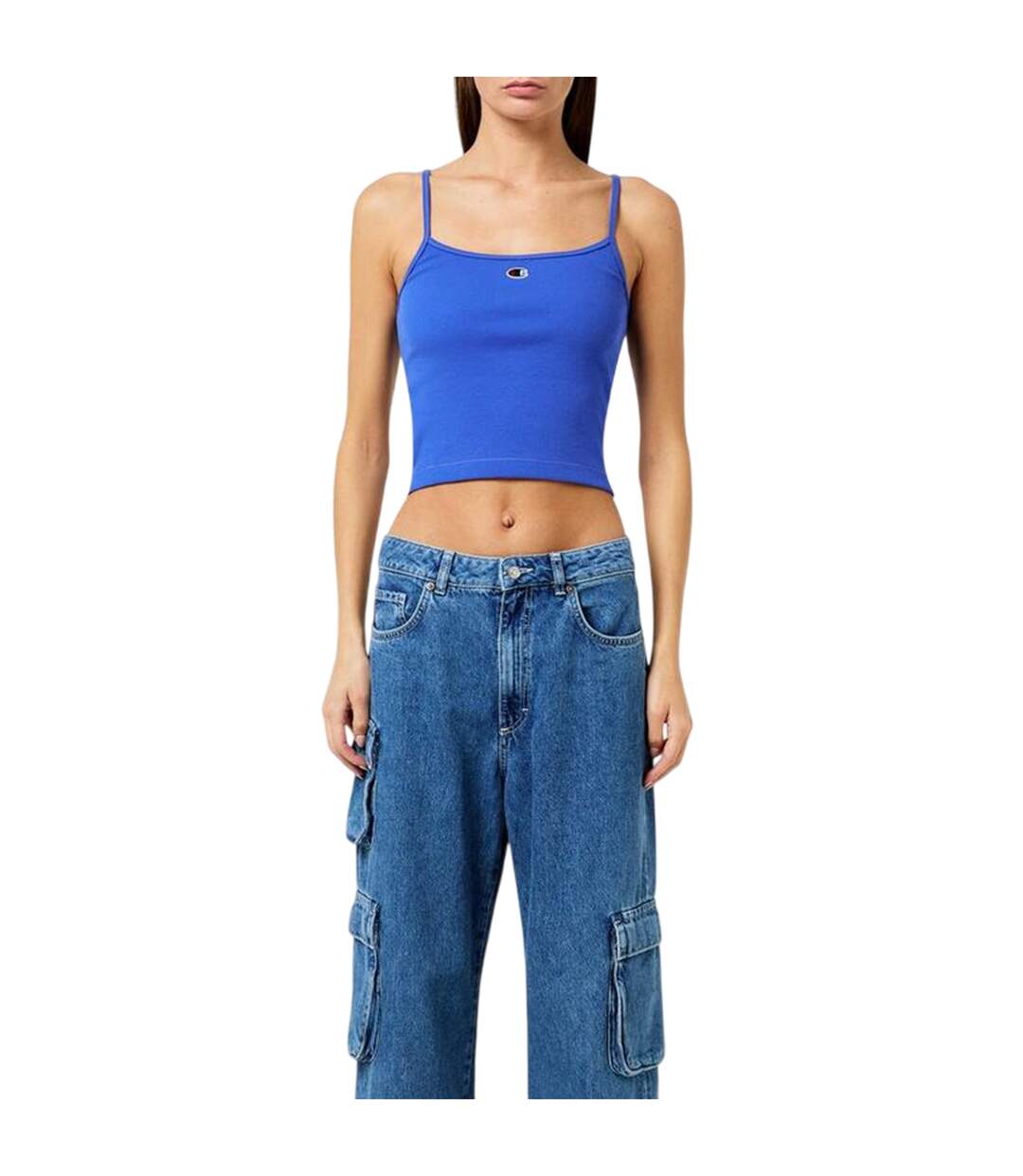 Womens/ladies Cotton Blend Slim Spaghetti Strap Tank Top Blue Champion-4