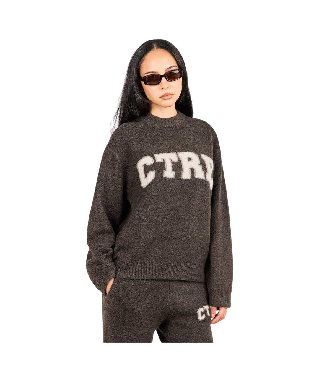 Womens/ladies Knitted Crew Neck Jumper Brown Couture-1