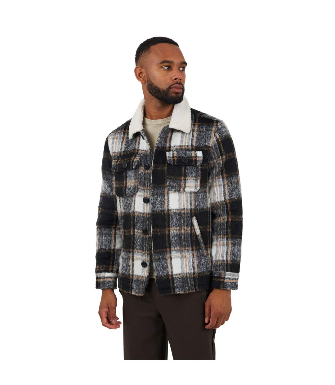 Mens Checked Brushed Jacket Black Cream Orange Brave Soul-2