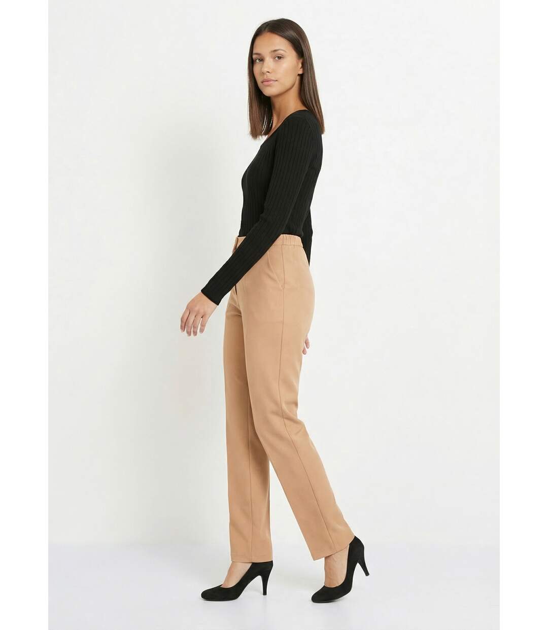 Pantalon droit uni taille semi élastiquée-3