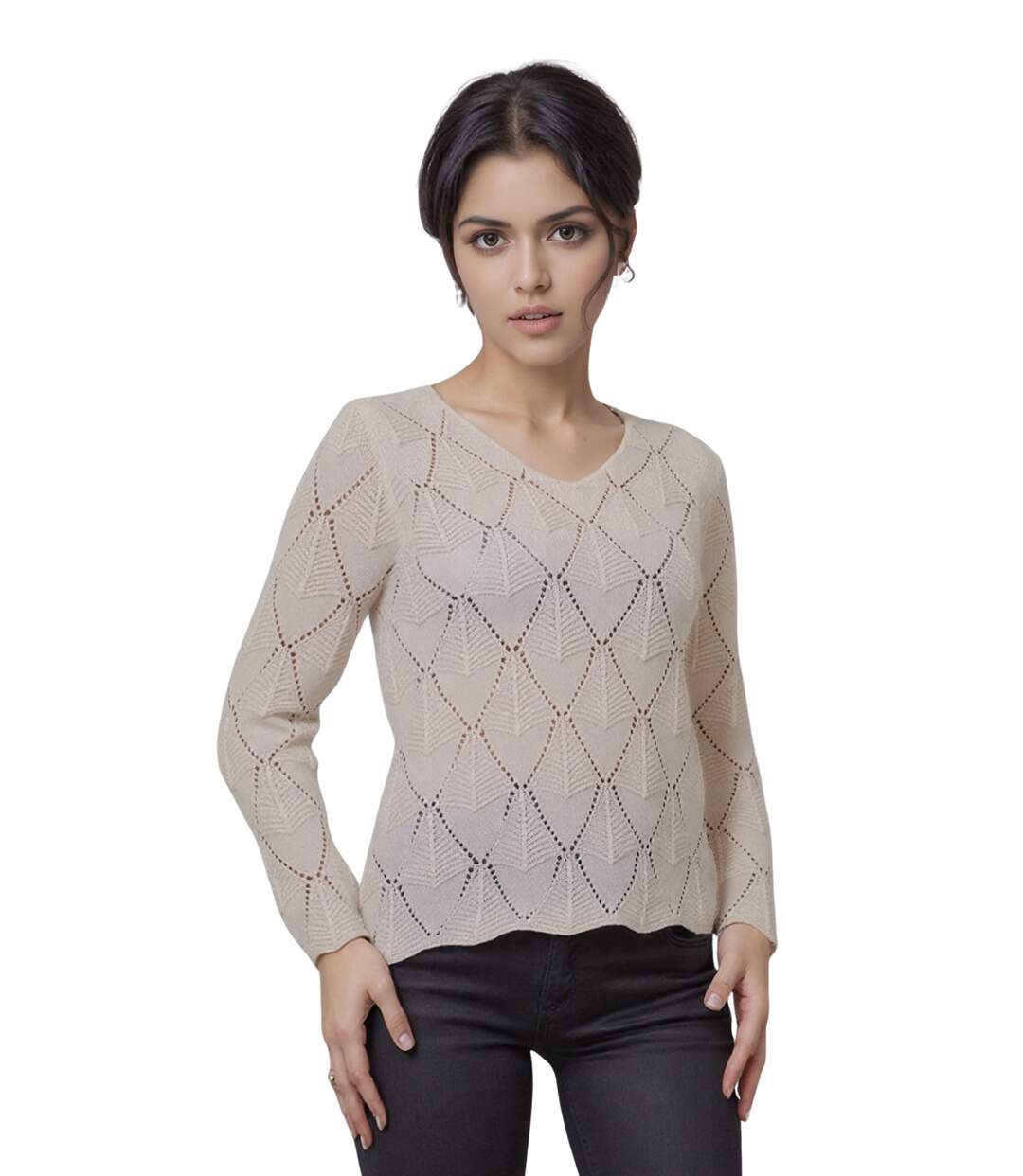 Pull Femme Long Manches - Jaune paille - Style Décontracté-1