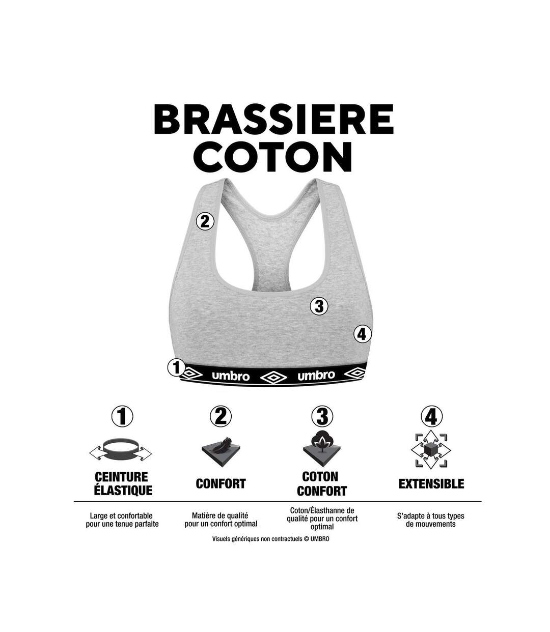 Lot de 3 brassières femme en coton Umbro élastique Noir Umbro