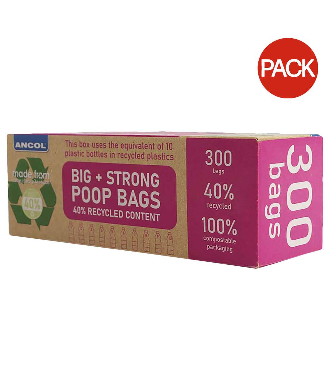 Pack of 3  Giant recycled dog poop bags 00 one size pink/brown Ancol-1
