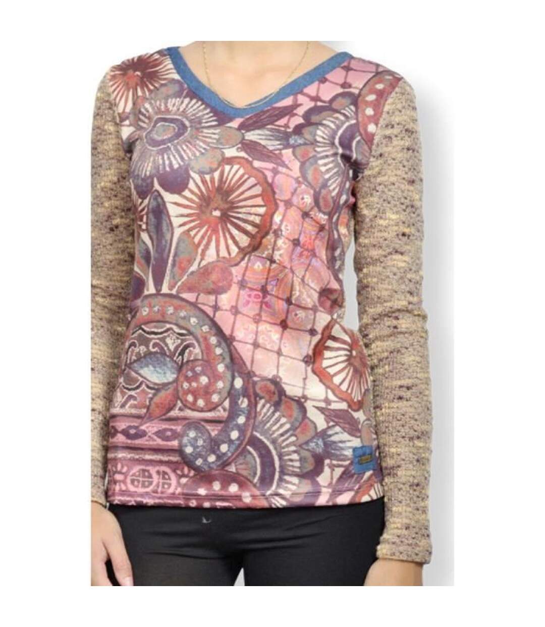 Tee shirt femme manches longues col en V  motifs abstraits-4