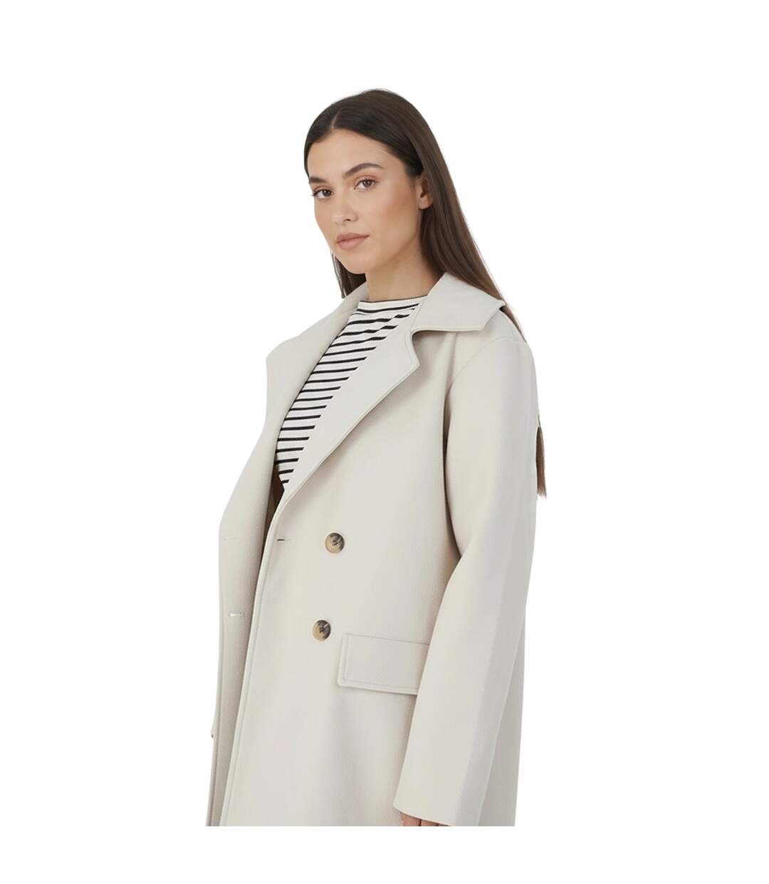 Womens/ladies Annabell Faux Wool Double-breasted Long Jacket Cream Brave Soul-3