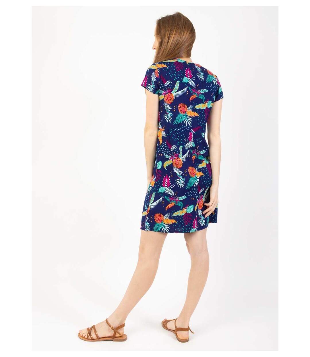 Robe courte effet cache cœur AMANDA imprimé tropical bleu Coton Du Monde