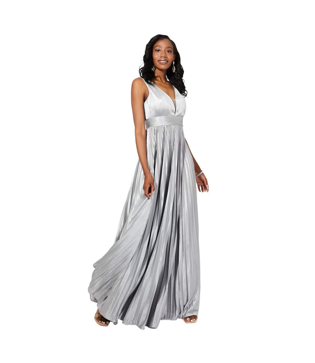 Womens/ladies pleated satin v neck maxi dress silver Krisp-1