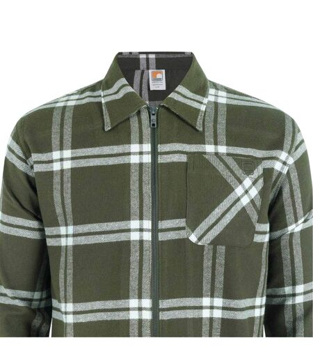 Mens Checked Flannel Full Zip Long-sleeved Shacket Khaki Green SoulCal