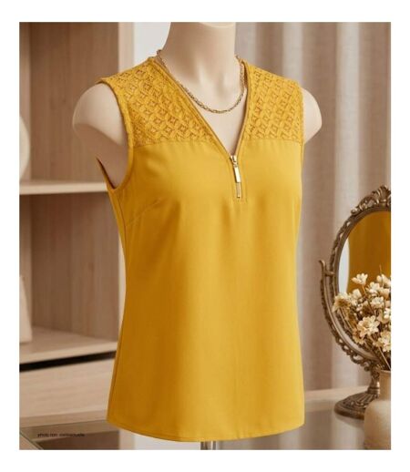 Top sans manches jaune MAYFLOWER CHF3053A en crêpe fluide avec détails dentelle