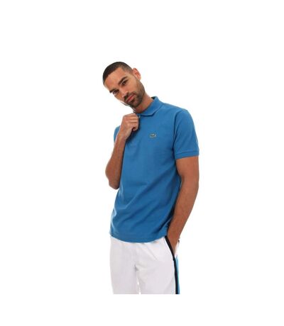 Mens Ribbed Collar Short-sleeved Polo Shirt Blue Lacoste