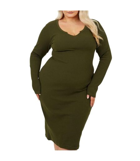Womens/ladies Notch Neck Midi Dress Dark Khaki Brave Soul