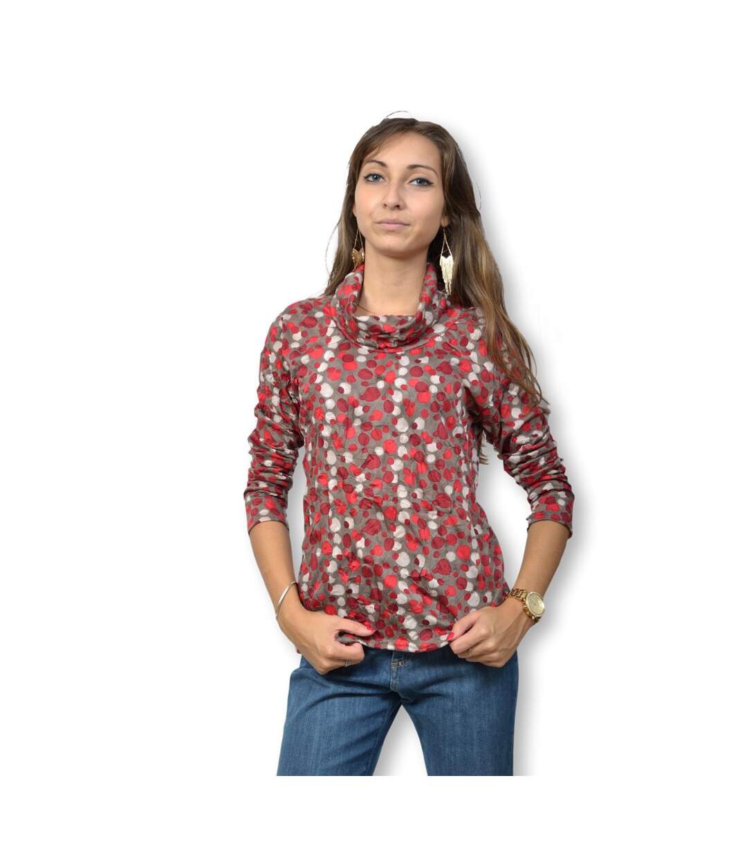 Tee shirt  femme manches longues col rouleté motifs abstraits-1