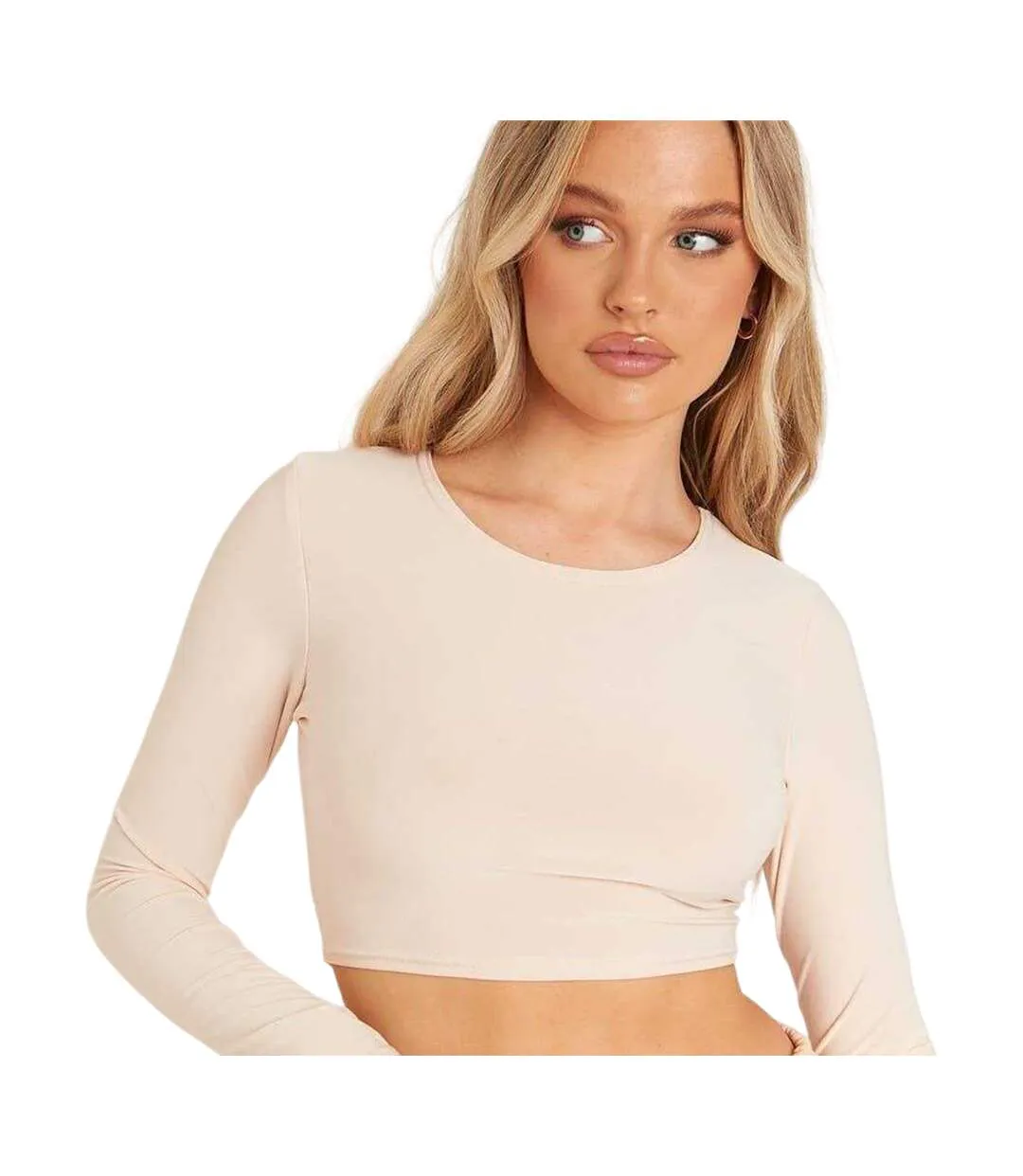 Womens/ladies Crew Neck Long-sleeved Crop Top Stone Missy Empire-2