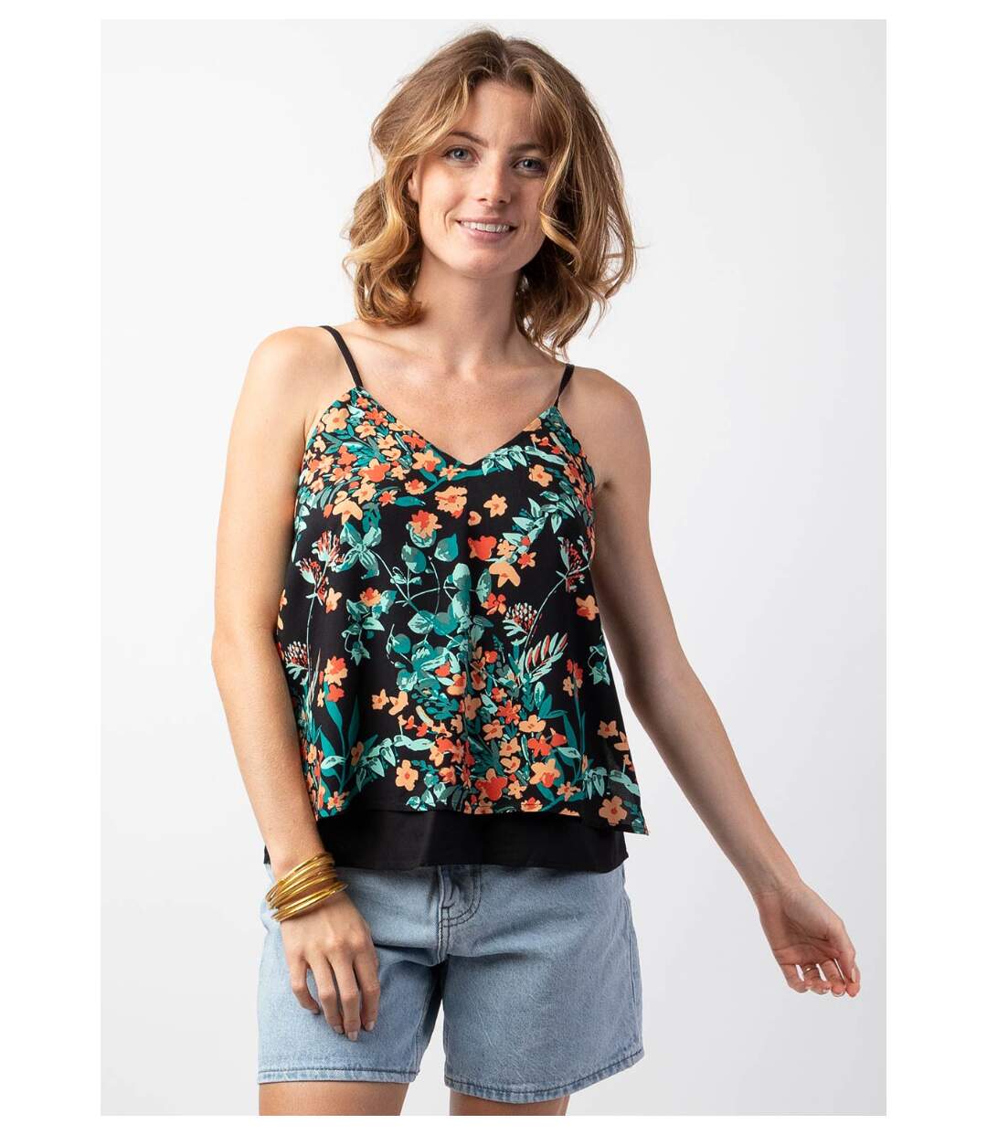 Top femme fines bretelles noir VAHINE motif floral Coton Du Monde