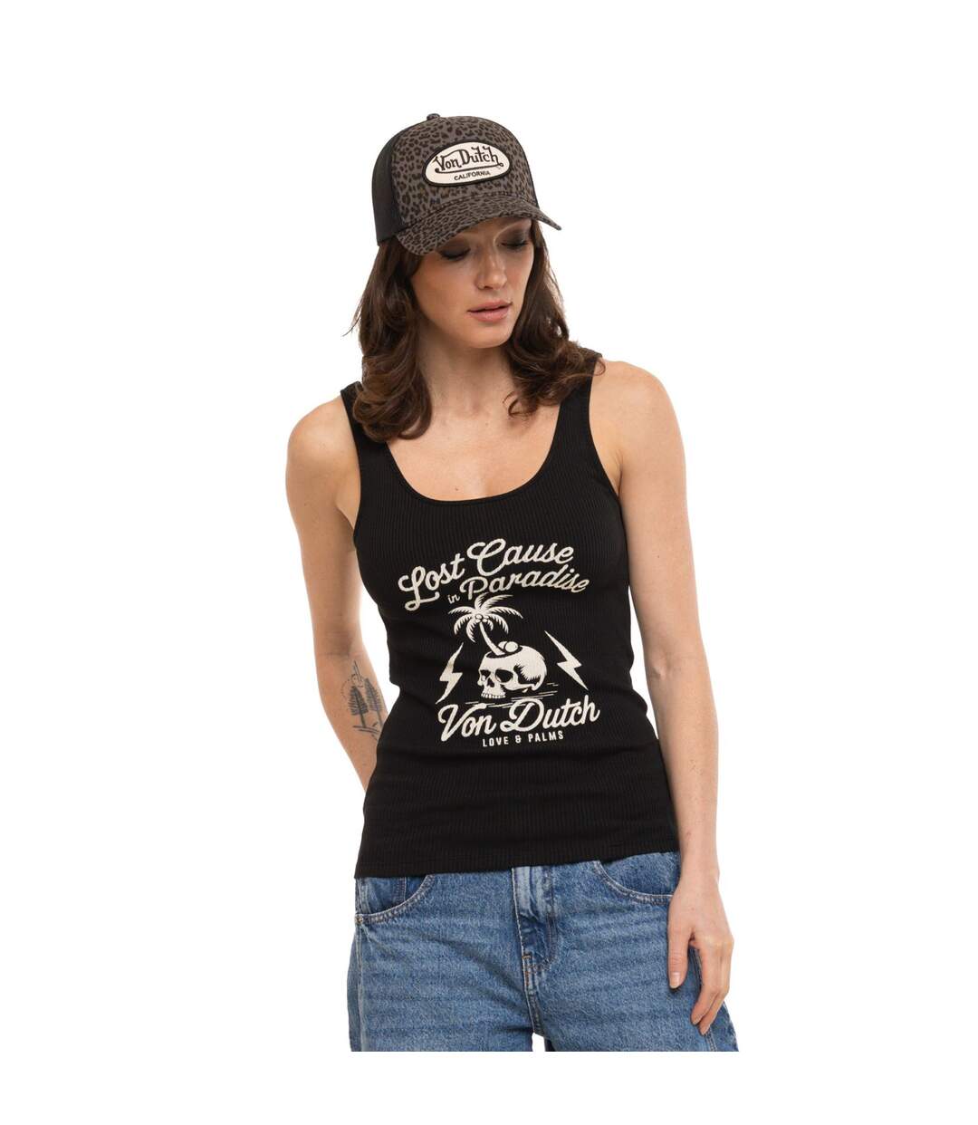 Débardeur femme côtelé col rond avec print devant Lost Vondutch-1