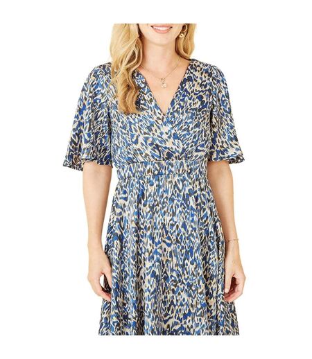 Womens/ladies Animal Print Skater Dress Blue Yumi