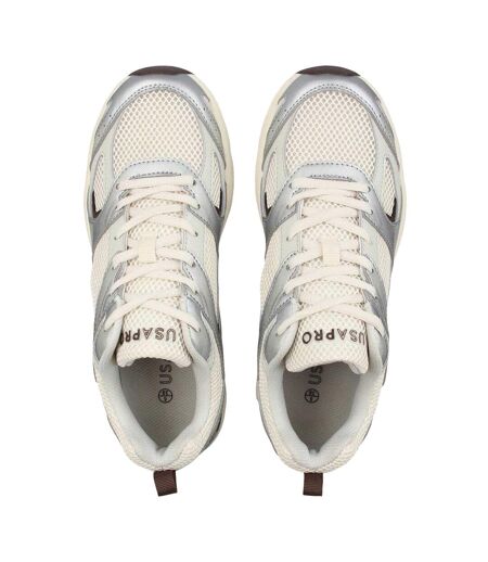 Womens/ladies Pro Mira Synthetic Leather Trainers Camel Silver USA Pro