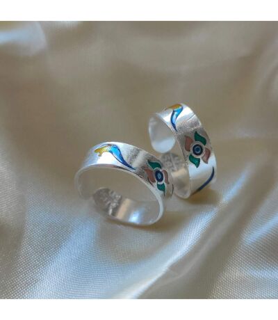 Silver Colourful Floral Band Boho Midi Band Dainty Adjustable Toe Ring