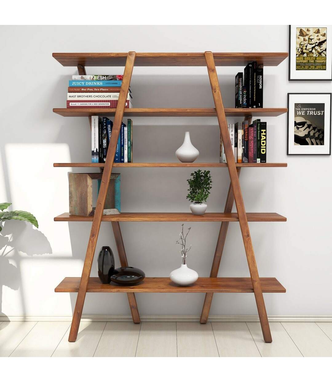 Bibliothèque design bois Perla - L. 120 x H. 148 cm - Marron noix-3