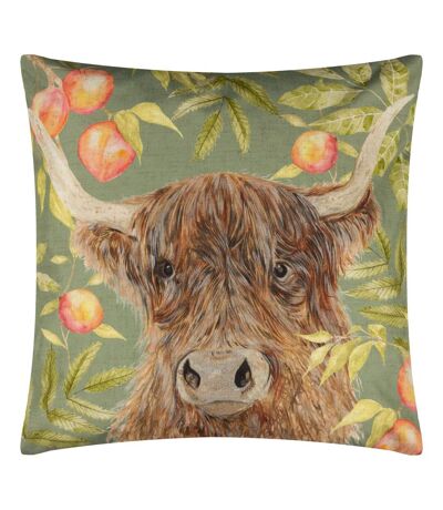 Grove highland cow outdoor cushion cover 43cm x 43cm olive Evans Lichfield