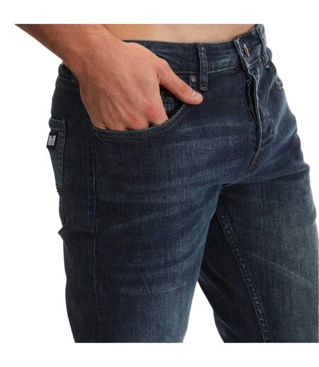 Mens Leather Patch Tapered Jeans Blue Weekend Offender