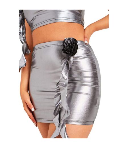 Womens/ladies Floral Corsage Fitted Mini Skirt Silver Missy Empire