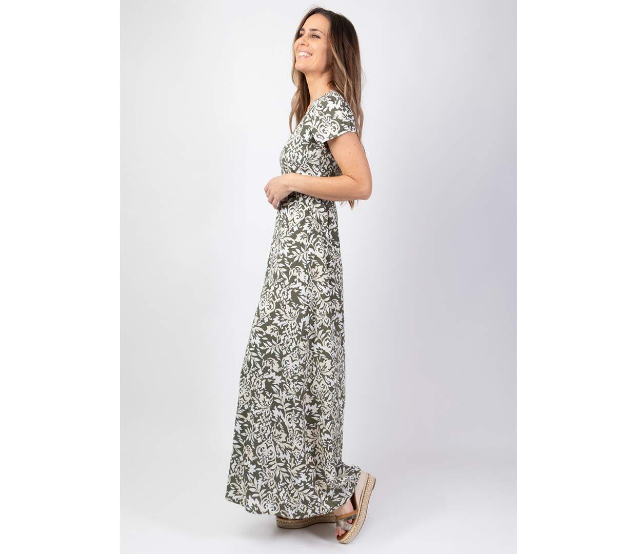 Robe longue manches courtes  MARBELLA kaki et beige Coton Du Monde-3